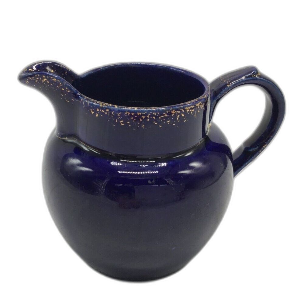 Indigo Blue Small Pitcher Creamer Gold Speckle Trim Vtg 4 Inches Granny Cottage